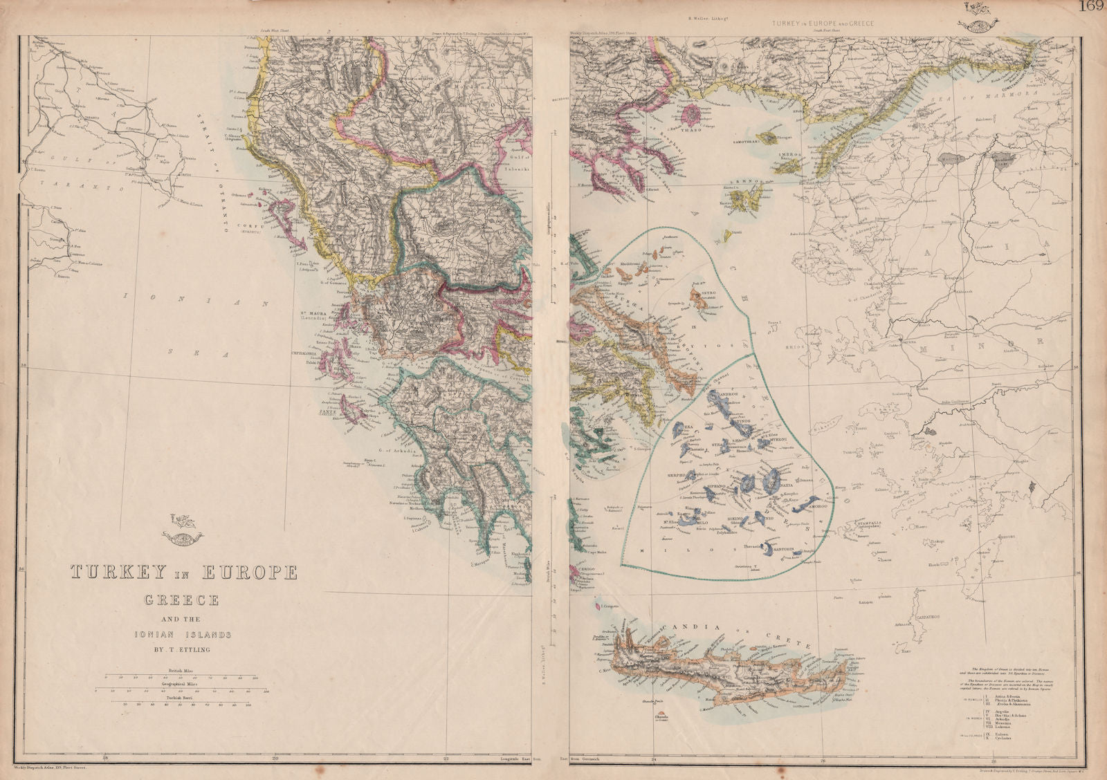 GREECE Turkey in Europe British Ionian Islands Cyclades Aegean.ETTLING 1863 map